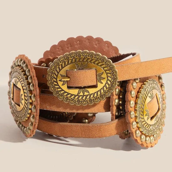 Western Concho Vegan Leather Belt - Tan - Revel Boutique
