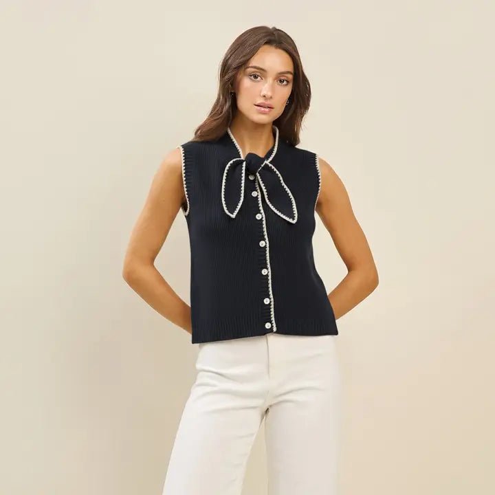 Whipstitch Bow Sweater - Navy - Revel Boutique